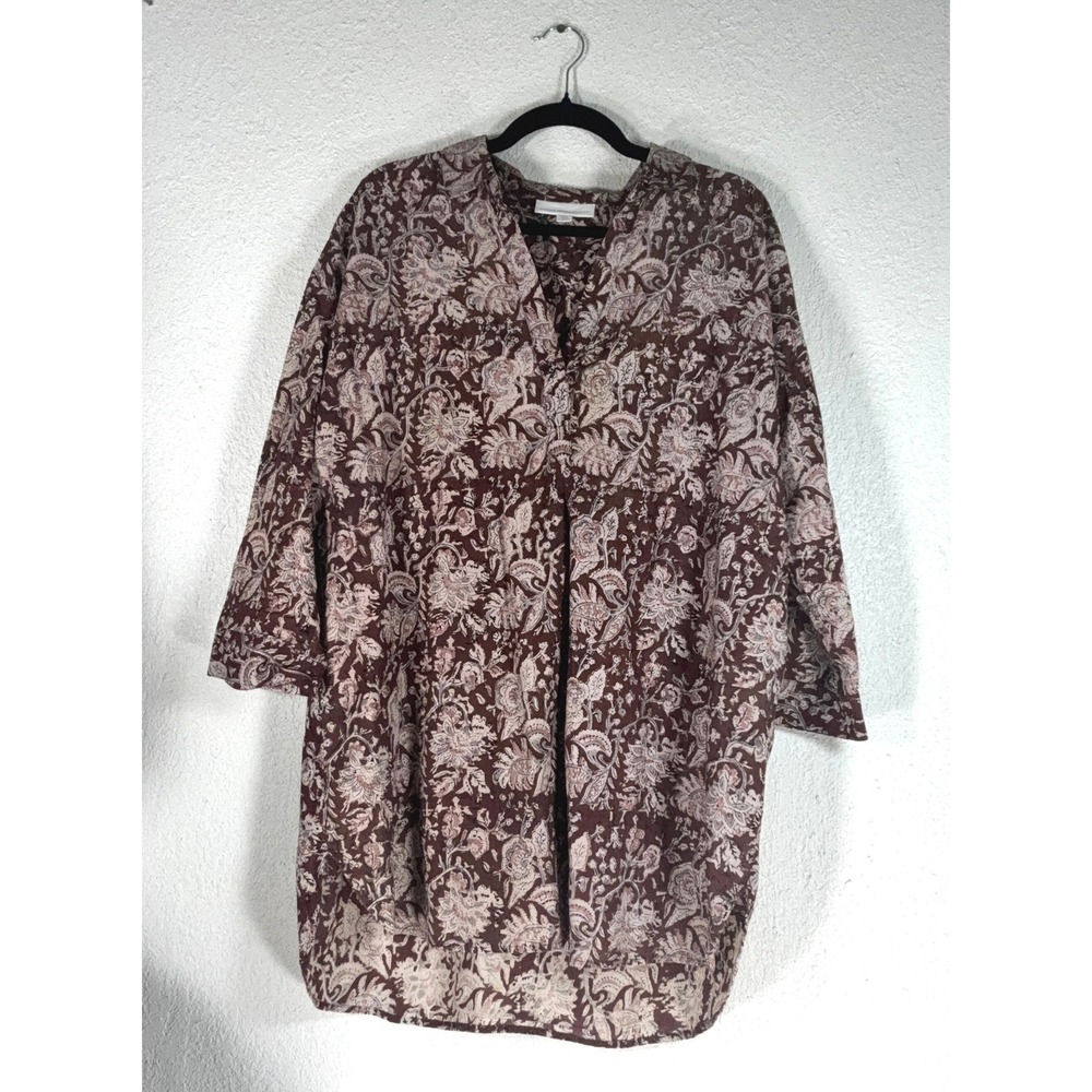 Pure Jill Floral Paisley Organic Cotton Tunic - L - Boho Relaxed Split V